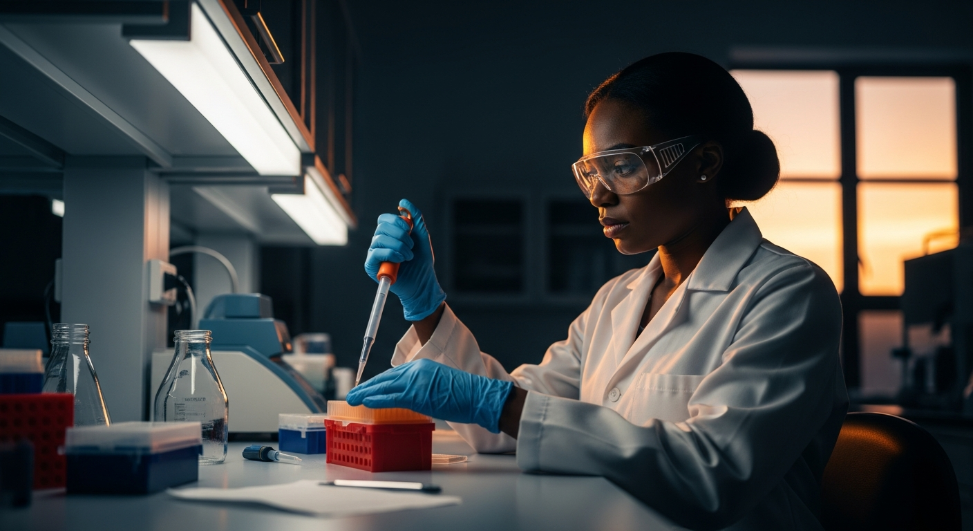 A biotech bench mid-experiment, instruments ready