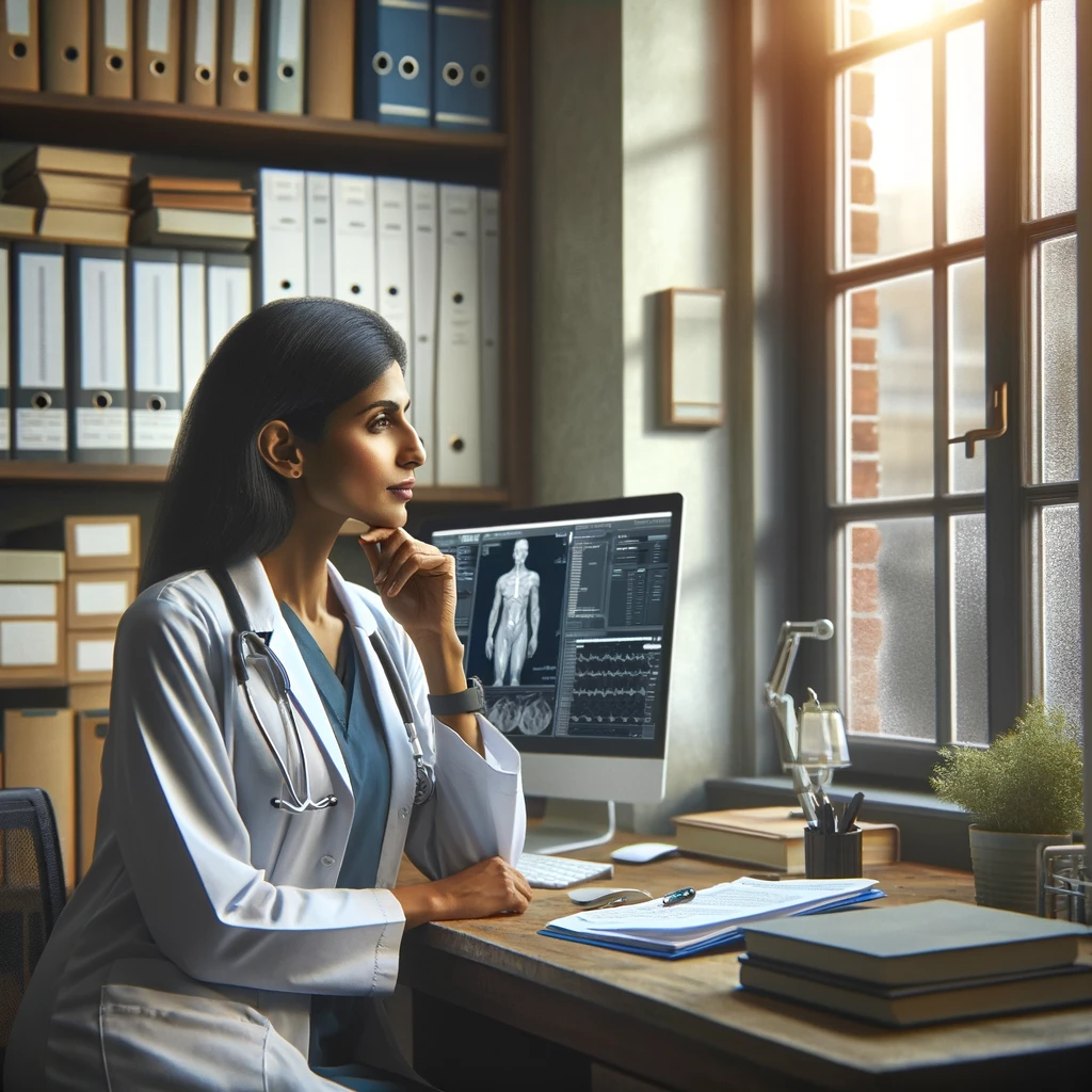 A clinician pausing at a window in a modern healthcare workplace