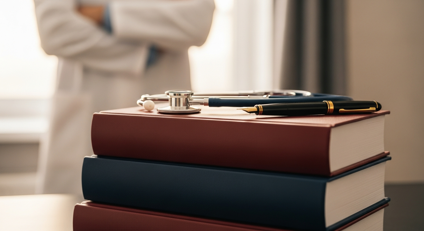 Reference volumes on a medical bookshelf
