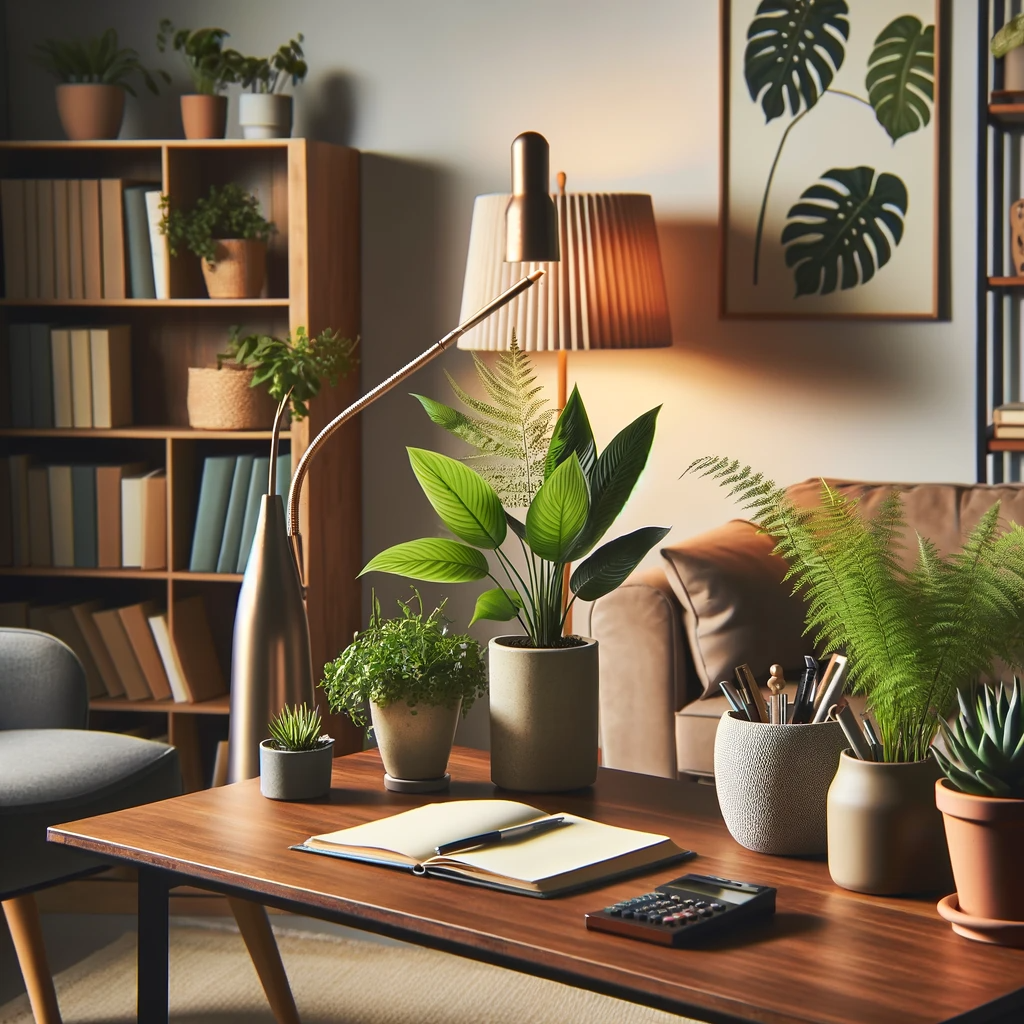 An office corner with bookshelves and plants
