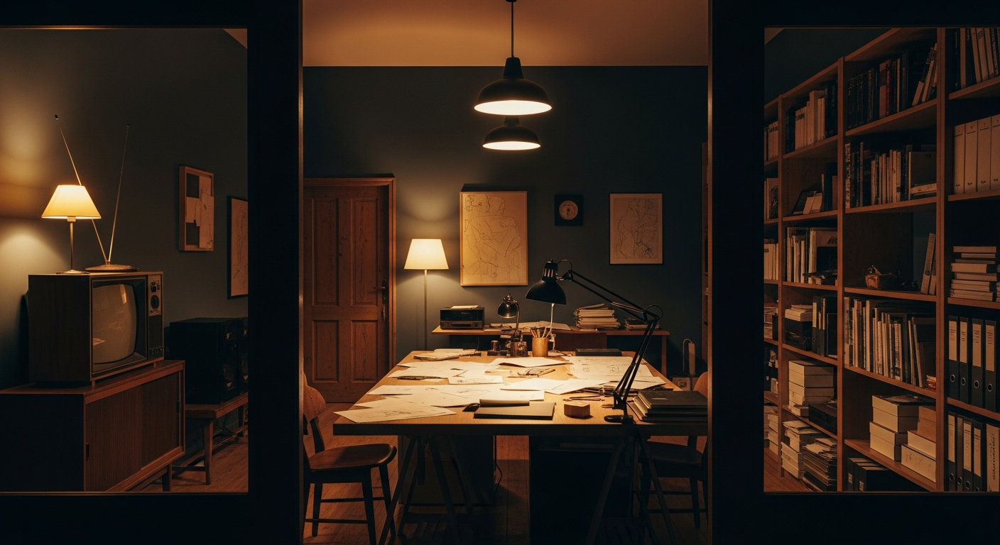 The studio: a television on the left, a work table in the center, a bookshelf on the right, and a door at the back.