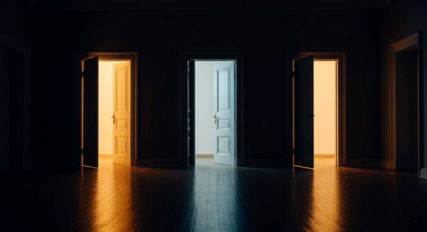 A quiet hallway with three doorways of light, each opening onto a different world of work